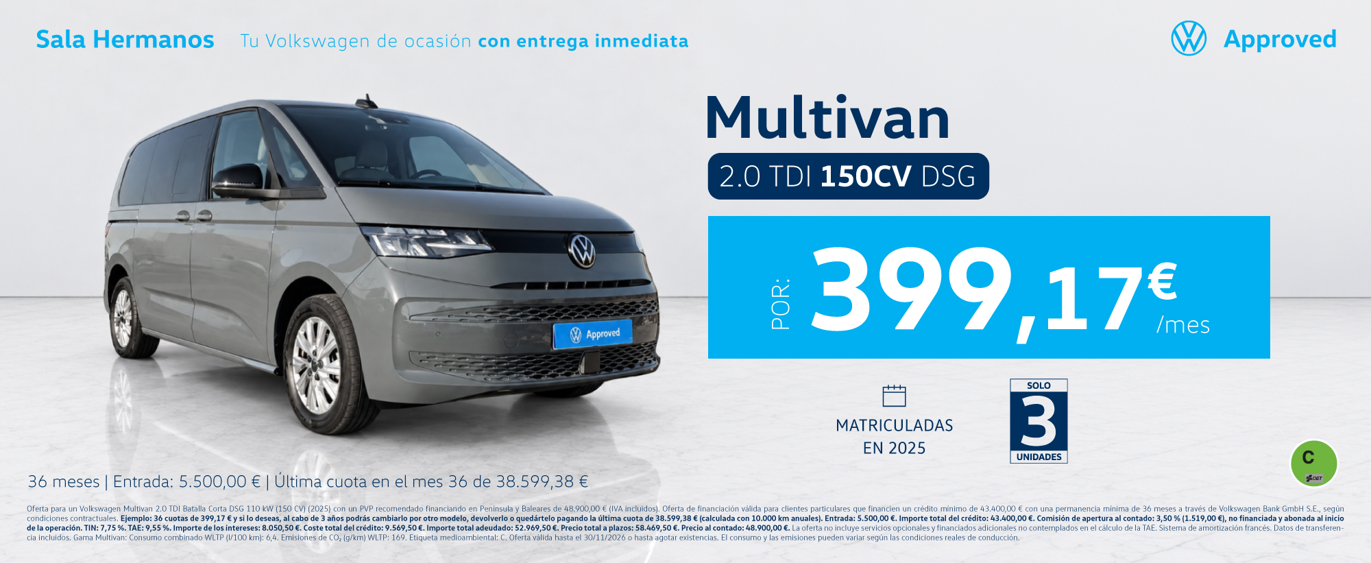 ¡Solo 7 unidades! Volkswagen Multivan 150 CV DSG por 399,17€/mes